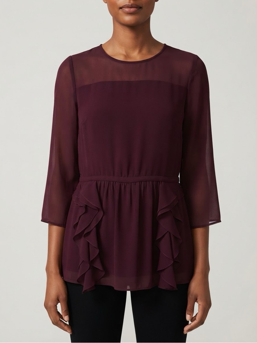 Theory|Wine Lightweight 100% Silk Sheer Ruffle Peplum 3/4 Sleeve Top Blouse Sz S